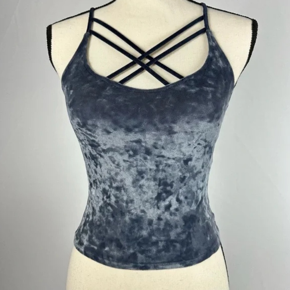 American Eagle First Essentials Blue Crushed Velvet Cross Strap Crop Tank